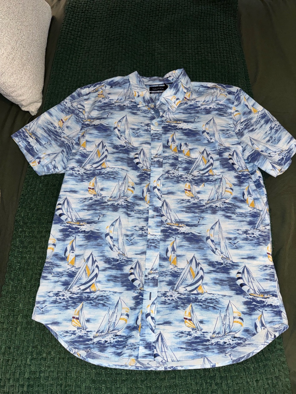 Nautica Blue Sailboat Print Short Sleeve Button-Up Shirt